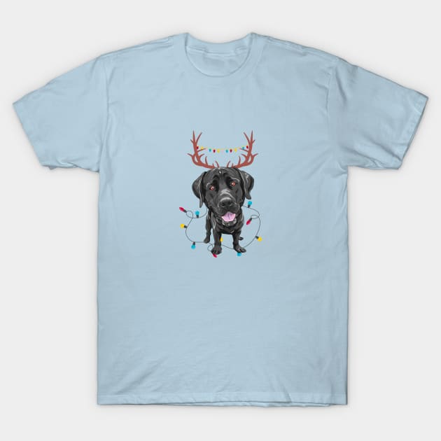 Labrador Retriever with Reindeer Ears and Christmas Lights T-Shirt by Seasonal Dogs